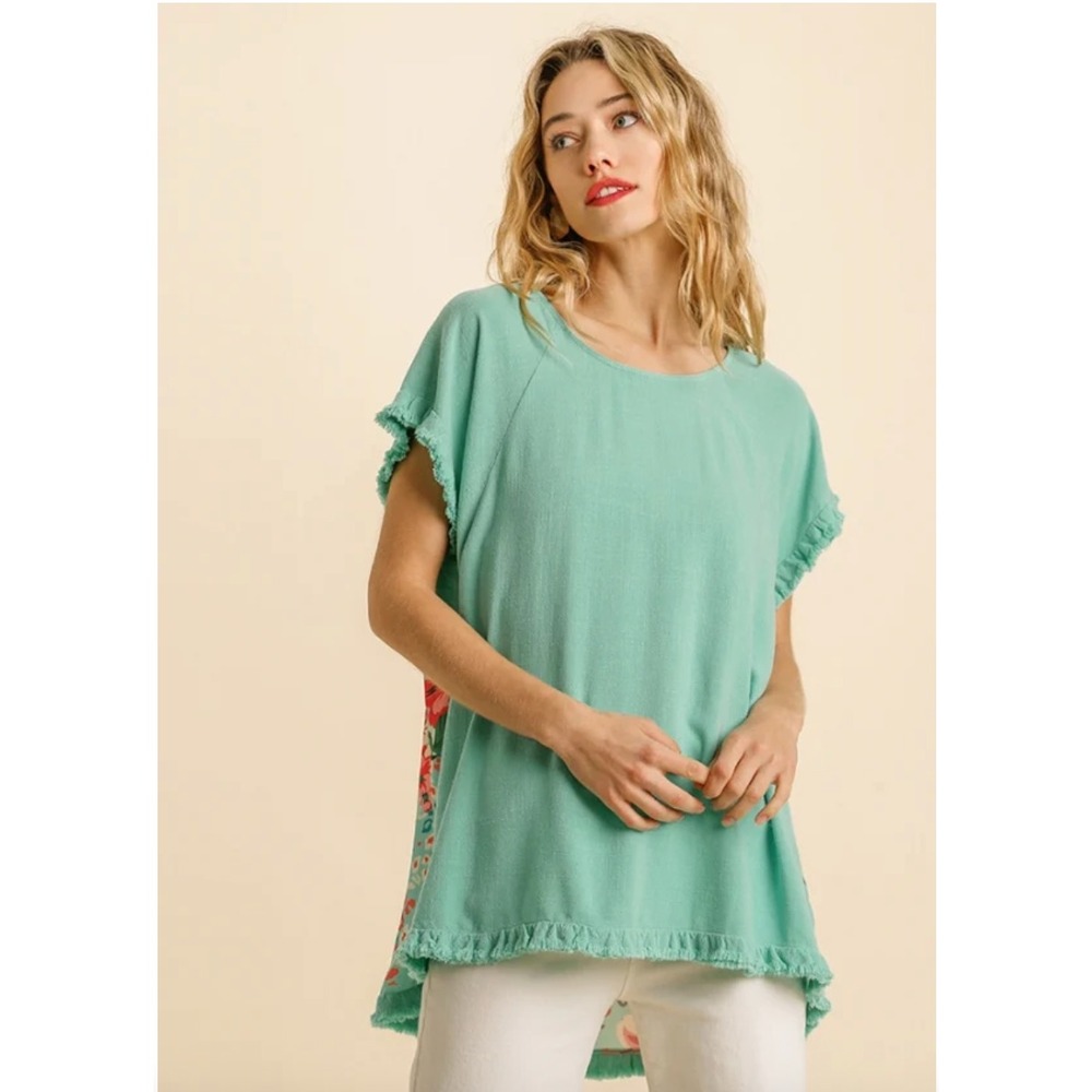 Relaxed Mint Green Short Sleeve Top with Floral Back